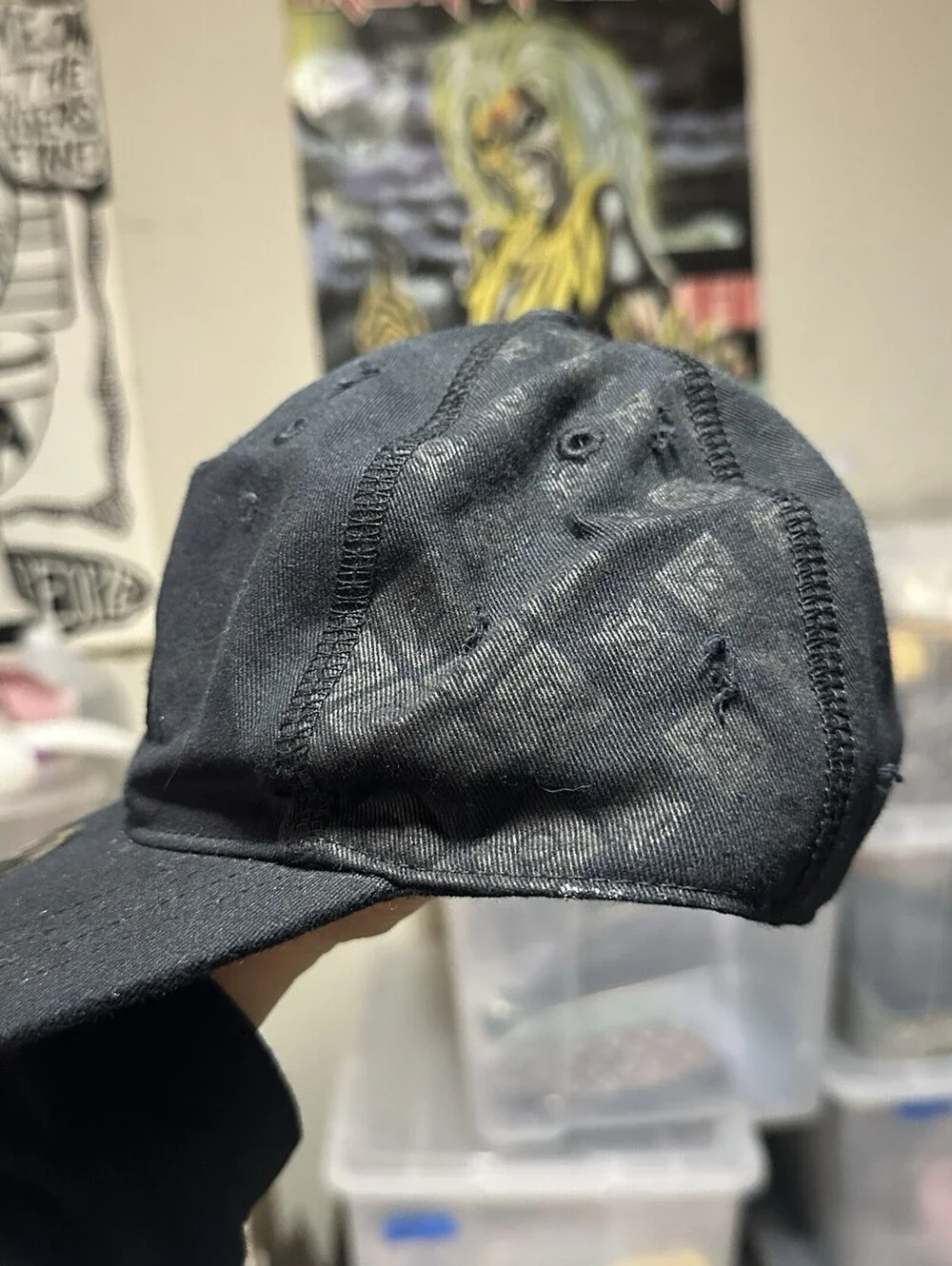 Y2K 2000’s Quiksilver Hat Skater Grunge Burnout Print Black Baseball Fitted Sz S